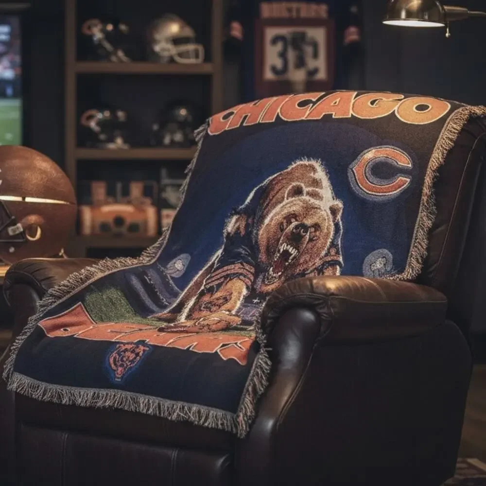Vintage 90s Chicago Bears NFL Tapestry Fringe Throw Blanket 43x58 Americana